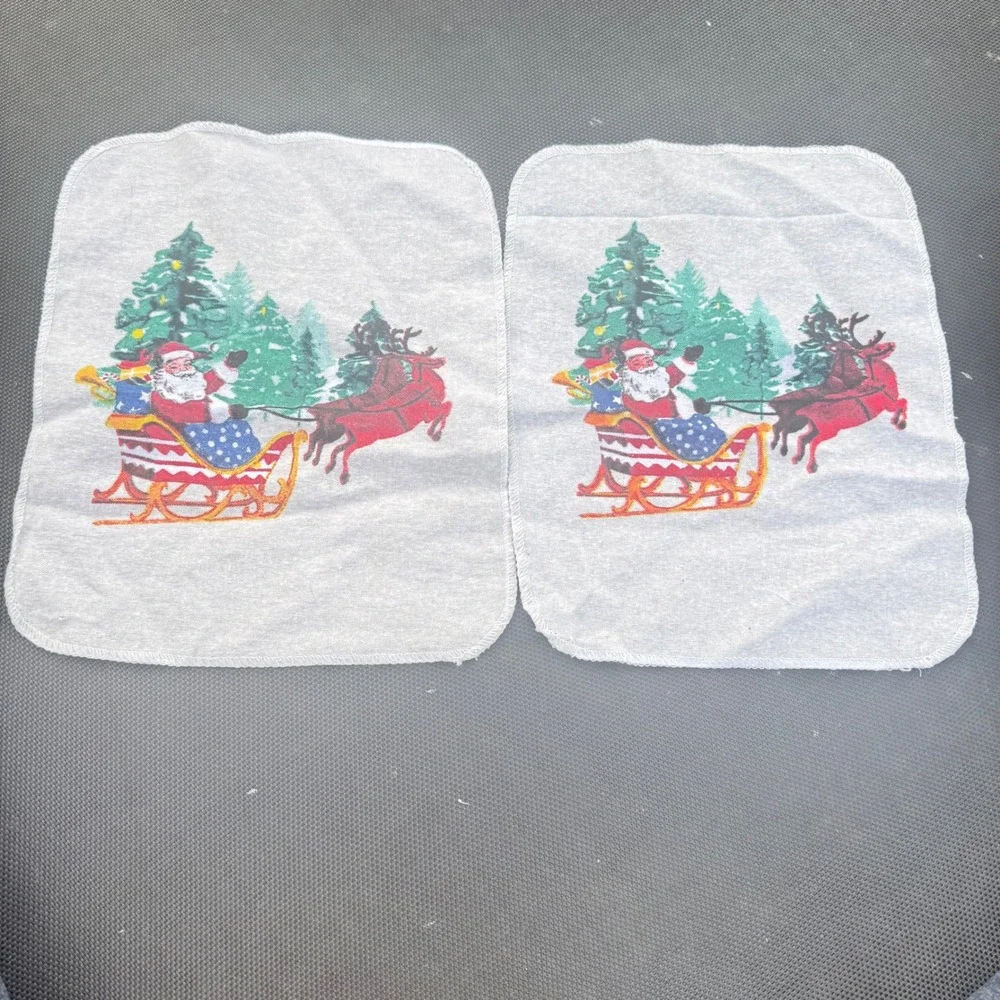 Vintage Santa Claus Sleigh Reindeer Christmas Cloth Napkins Set of‎ 2 Grey 12x10